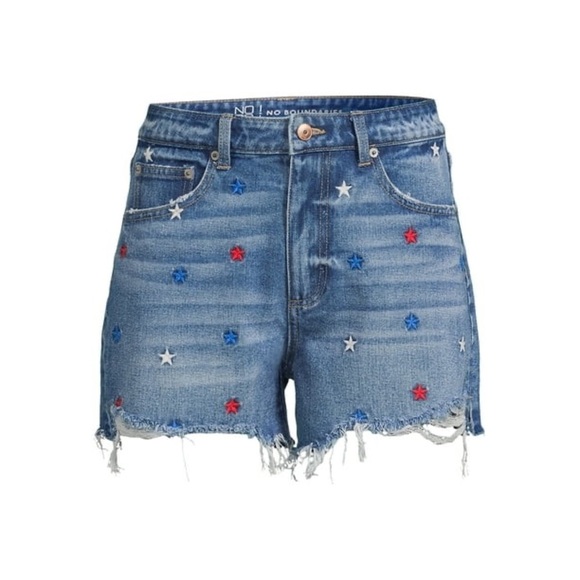 No Boundaries Pants - No Boundaries Blue and Red Jean Shorts with Distressed Hem